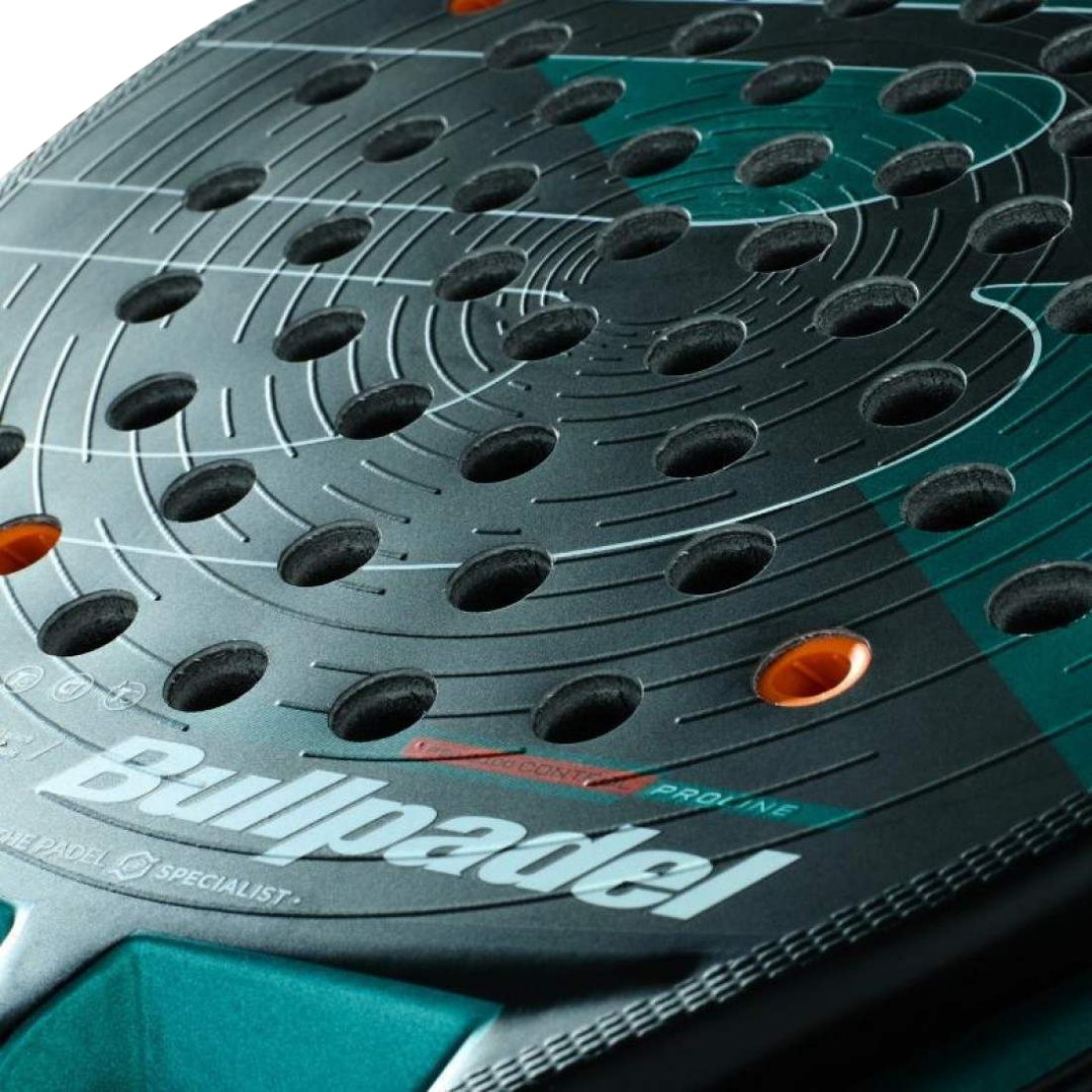 Close-up of a Bullpadel paddle with a detailed view of the surface and brand name.