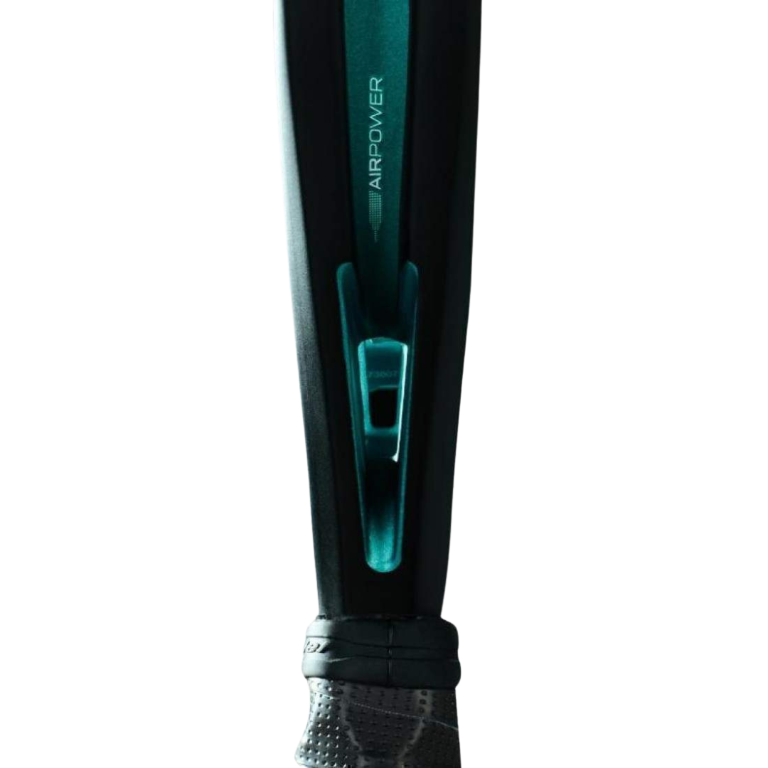 Close-up of a black and teal ski boot with 'AIRPOWER' branding on a white background