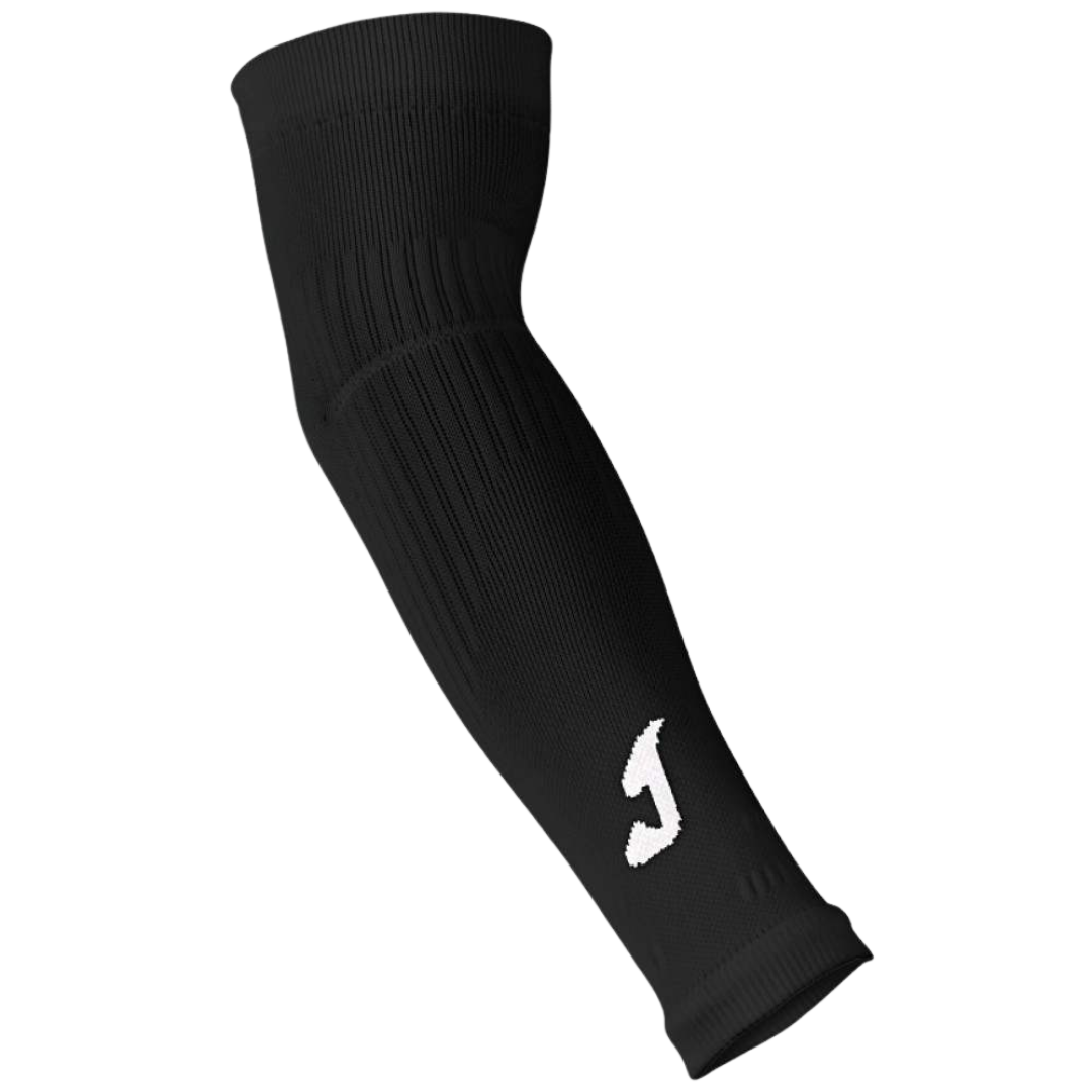 Black arm sleeve with a white logo on a white background