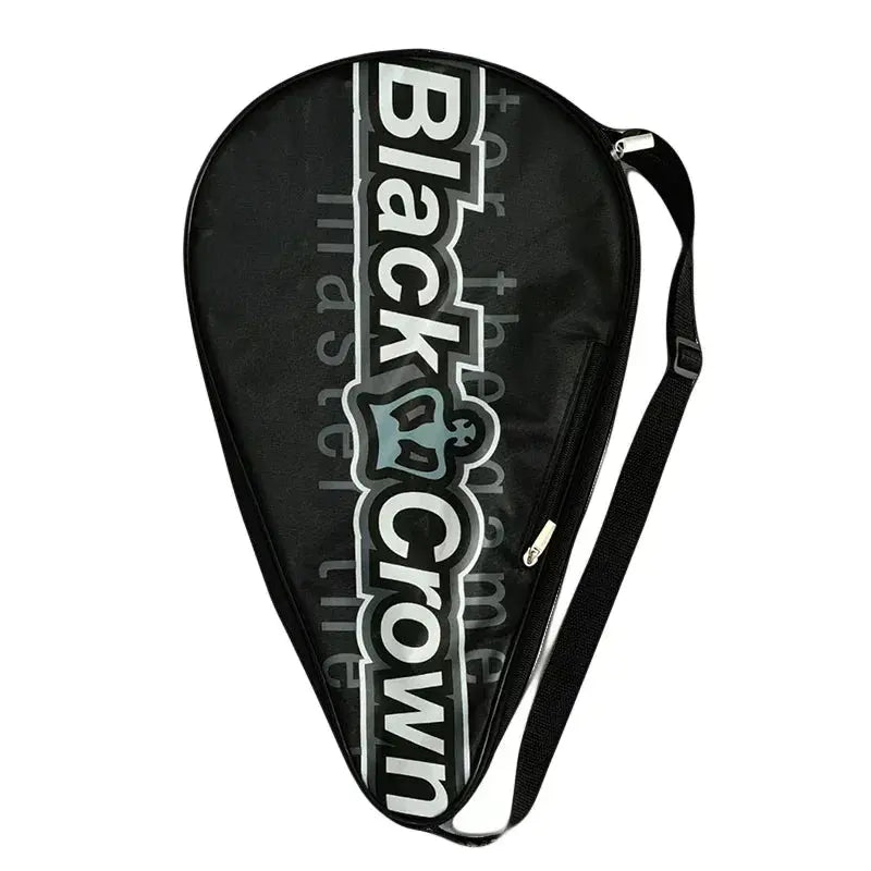 Black tennis racket cover with 'Black Crown' branding on a white background