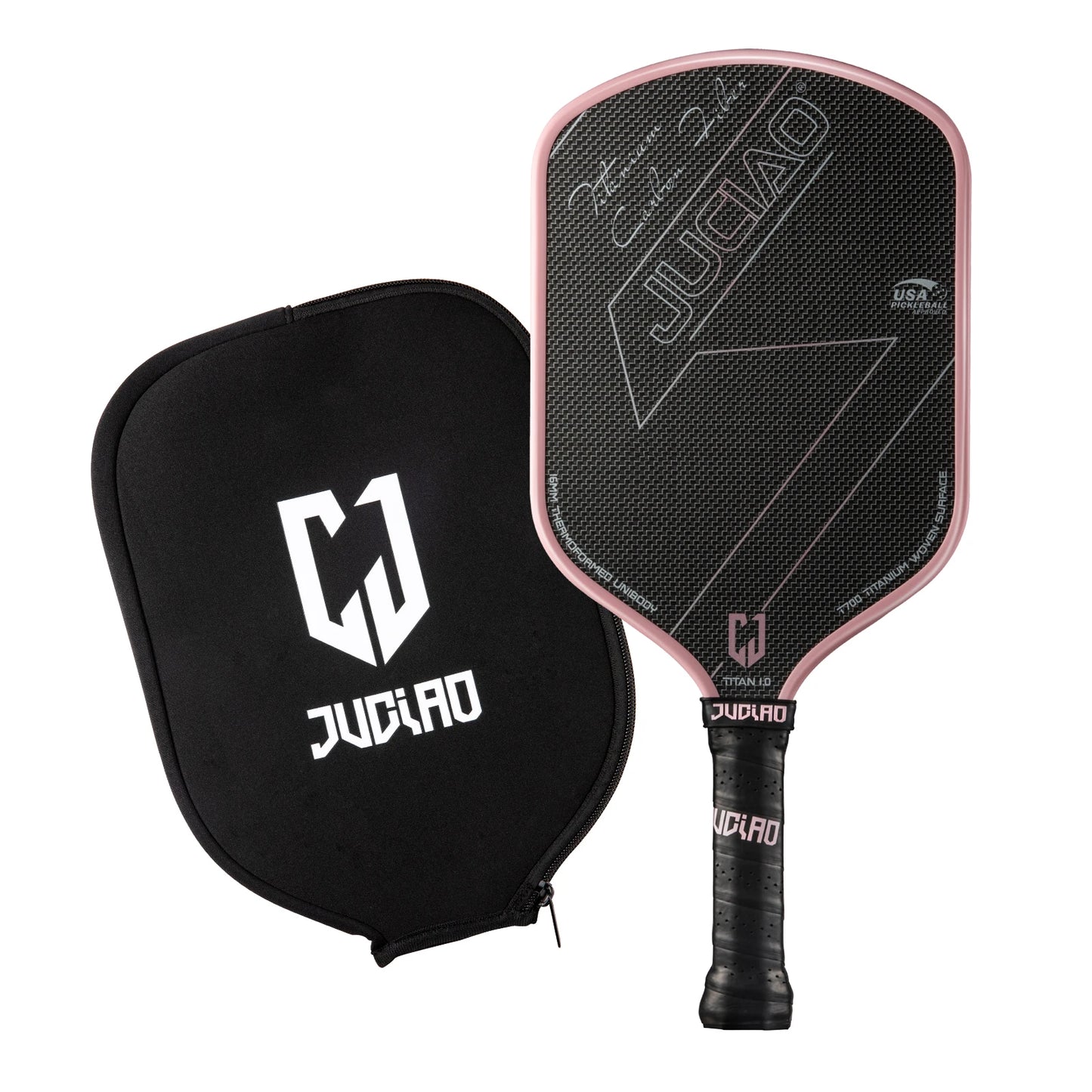 Pickleball paddle with pink and black design and black carrying case on a white background