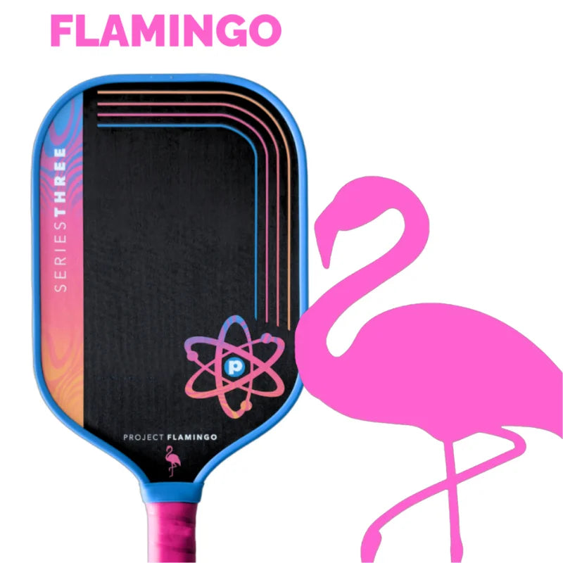 Pickleball paddle with 'Flamingo' branding and a pink flamingo graphic on a white background.