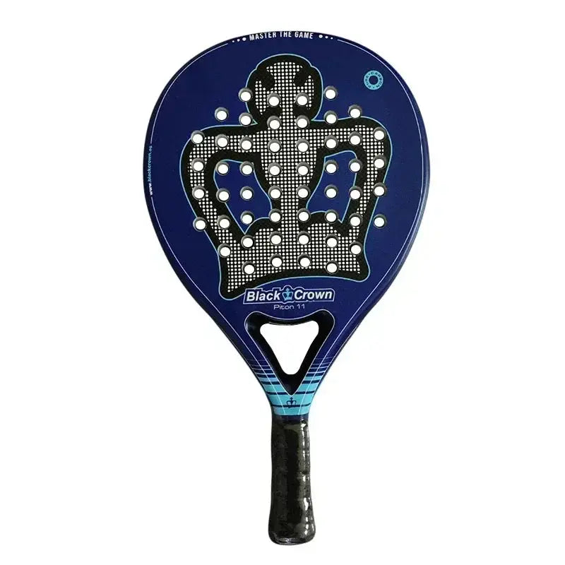 Blue and black paddle racket with brand logo on a white background