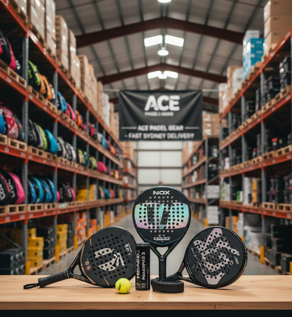 Ace Padel Gear warehouse with padel rackets, balls, and accessories on display table