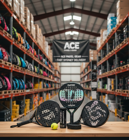 Ace Padel Gear warehouse with padel rackets, balls, and accessories on display table