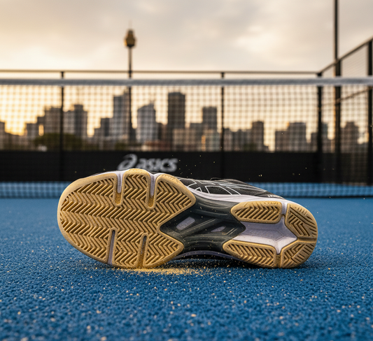 Asics padel shoe on blue court with Sydney skyline, premium padel gear Australia
