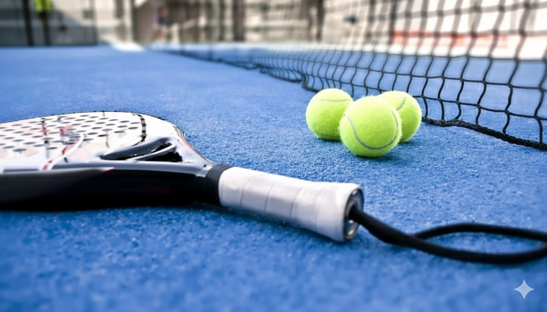 Padel racket and balls on blue court near net, Ace Padel Gear premium equipment