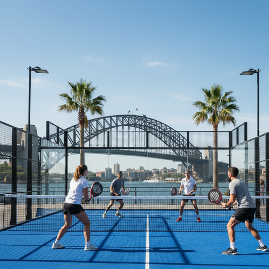 Four players on a blue outdoor padel court with rackets, Sydney Harbour Bridge in background