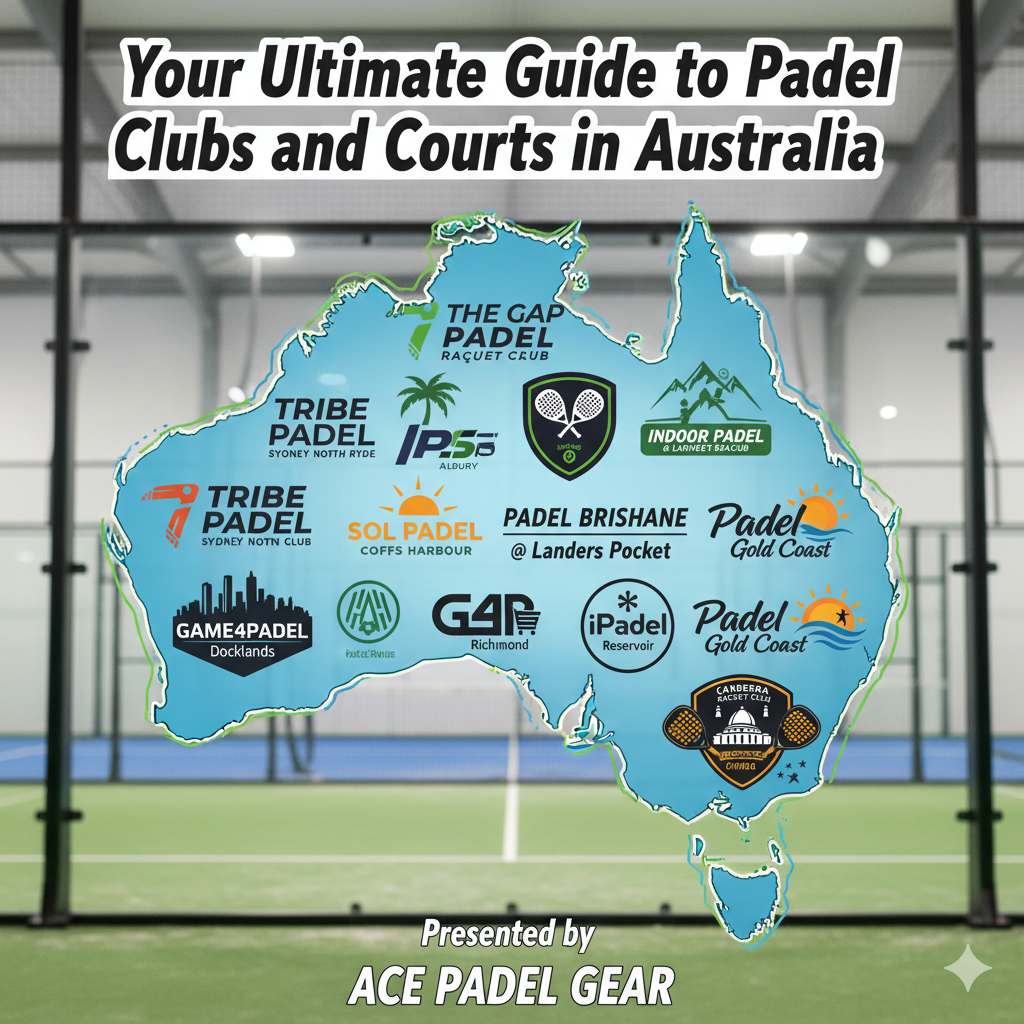 Map of Australia showing major padel clubs and courts, promoted by Ace Padel Gear.