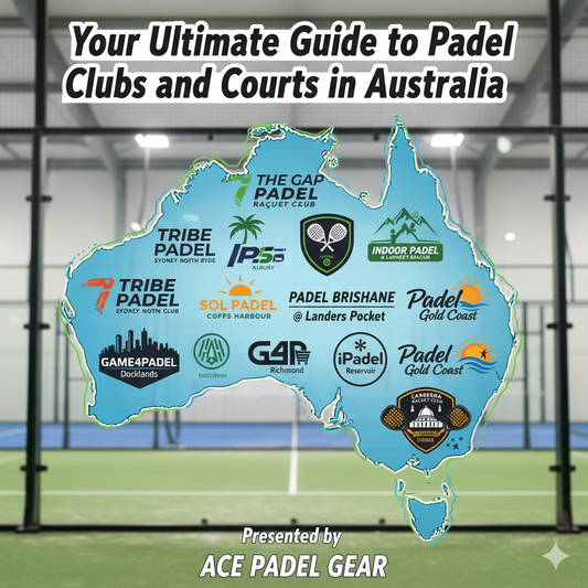 Map of Australia showing major padel clubs and courts, promoted by Ace Padel Gear.