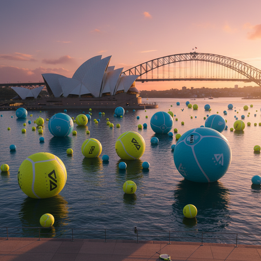 Giant blue and yellow padel balls floating in Sydney Harbour near Opera House at sunrise