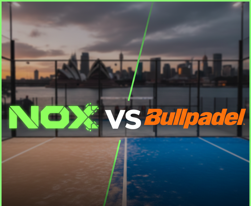 NOX vs Bullpadel padel racket brands comparison on outdoor court with city skyline