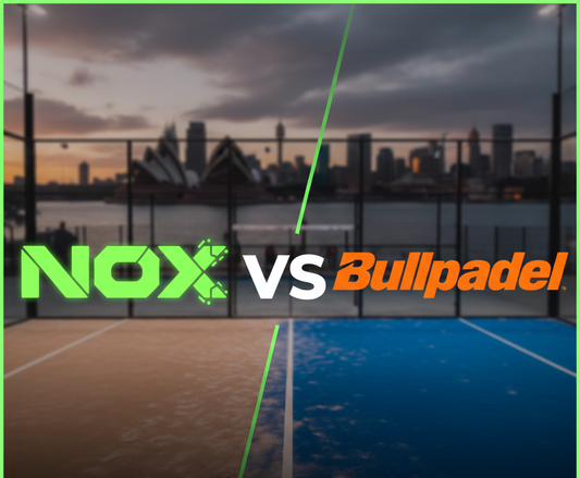 NOX vs Bullpadel padel racket brands comparison on outdoor court with city skyline