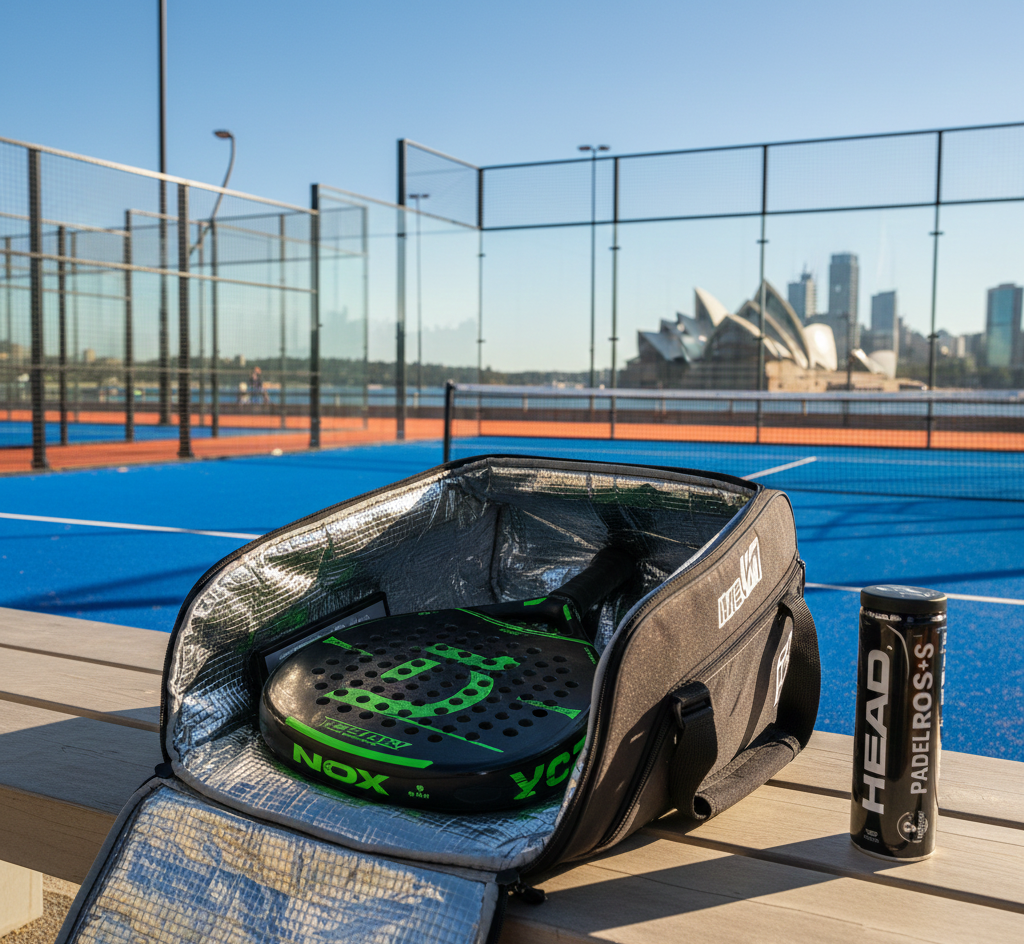 Padel racket in black bag and padel balls on bench at outdoor blue padel court in Australia