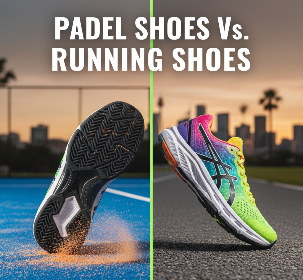 Padel shoes on a blue court and running shoes on asphalt, compared side by side at sunset.