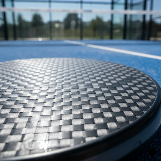 Close-up of carbon fiber padel racket on blue court at Ace Padel Gear