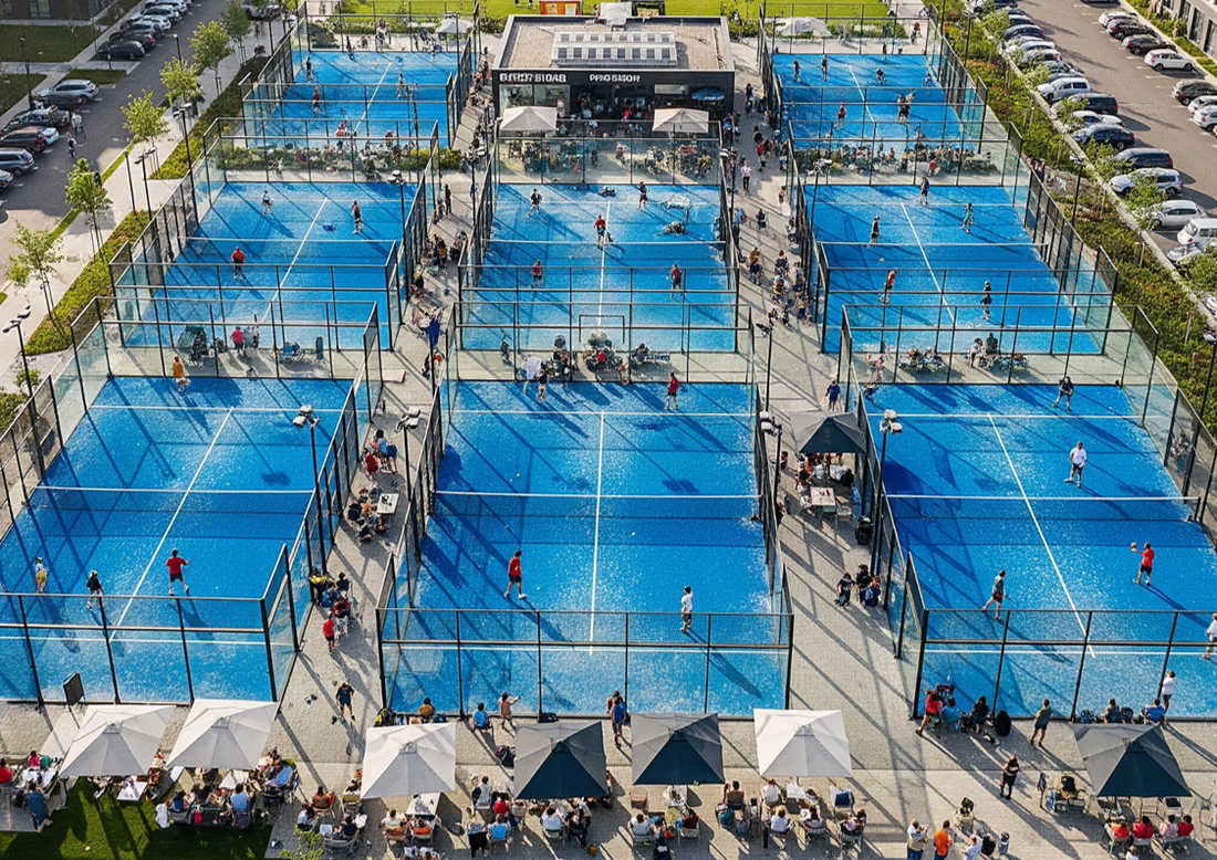 Multiple blue padel courts with players and spectators, outdoor sports facility, Ace Padel Gear