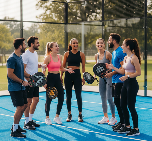 Group of friends with padel rackets on blue outdoor court, wearing sporty apparel