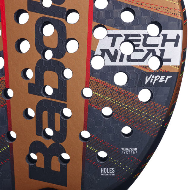Close-up of a tennis racket with brand names and text on a multicolored background