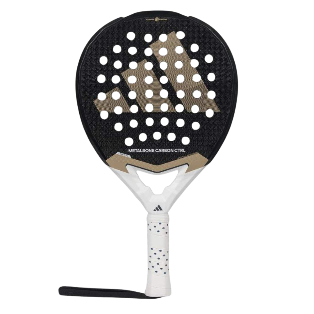 Padel racket with black and white design on a white background
