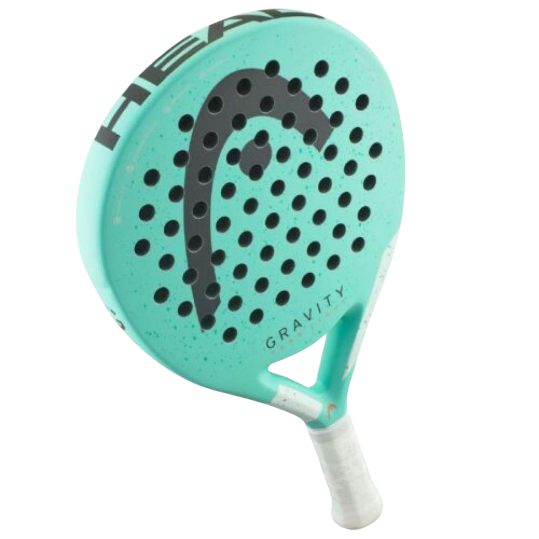 Teal paddle racket with black pattern on a white background