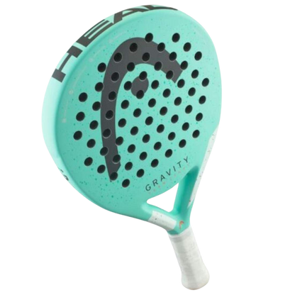 Teal paddle racket with black pattern on a white background