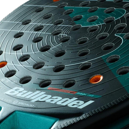 Close-up of a Bullpadel paddle with a detailed view of the surface and brand name.