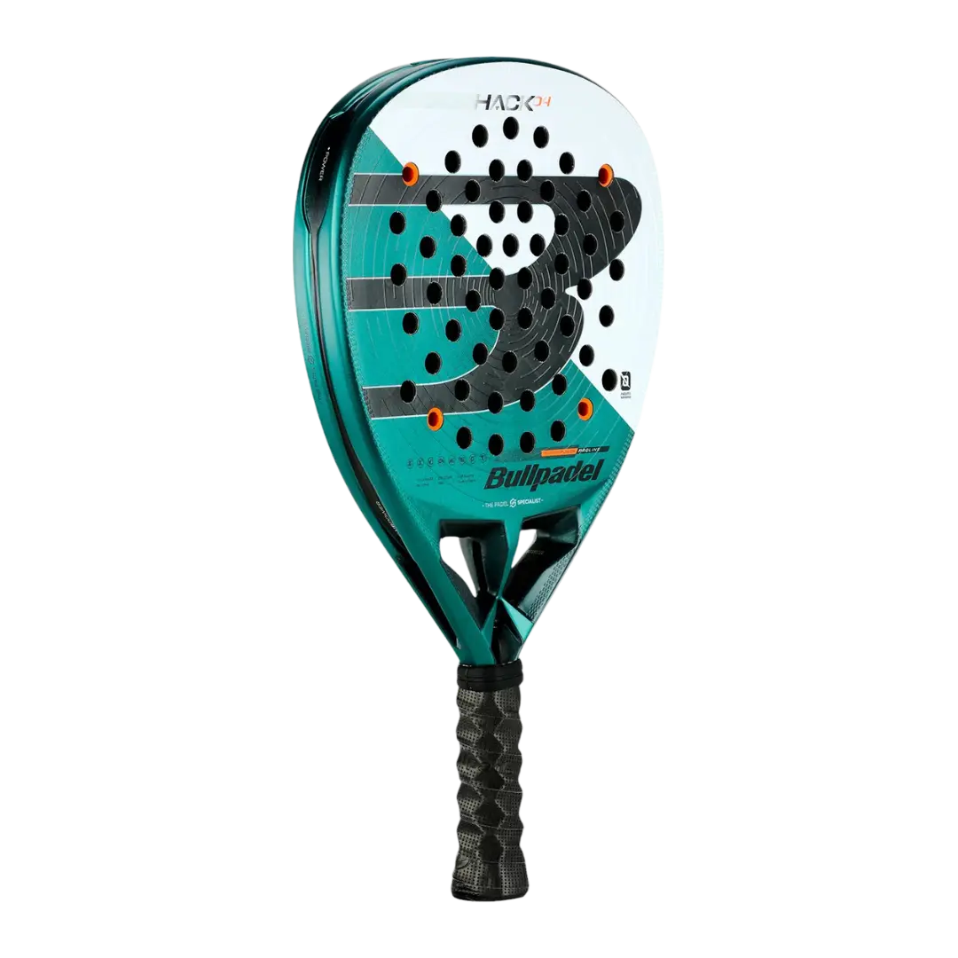 Teal and black Bullpadel paddle racket on a white background