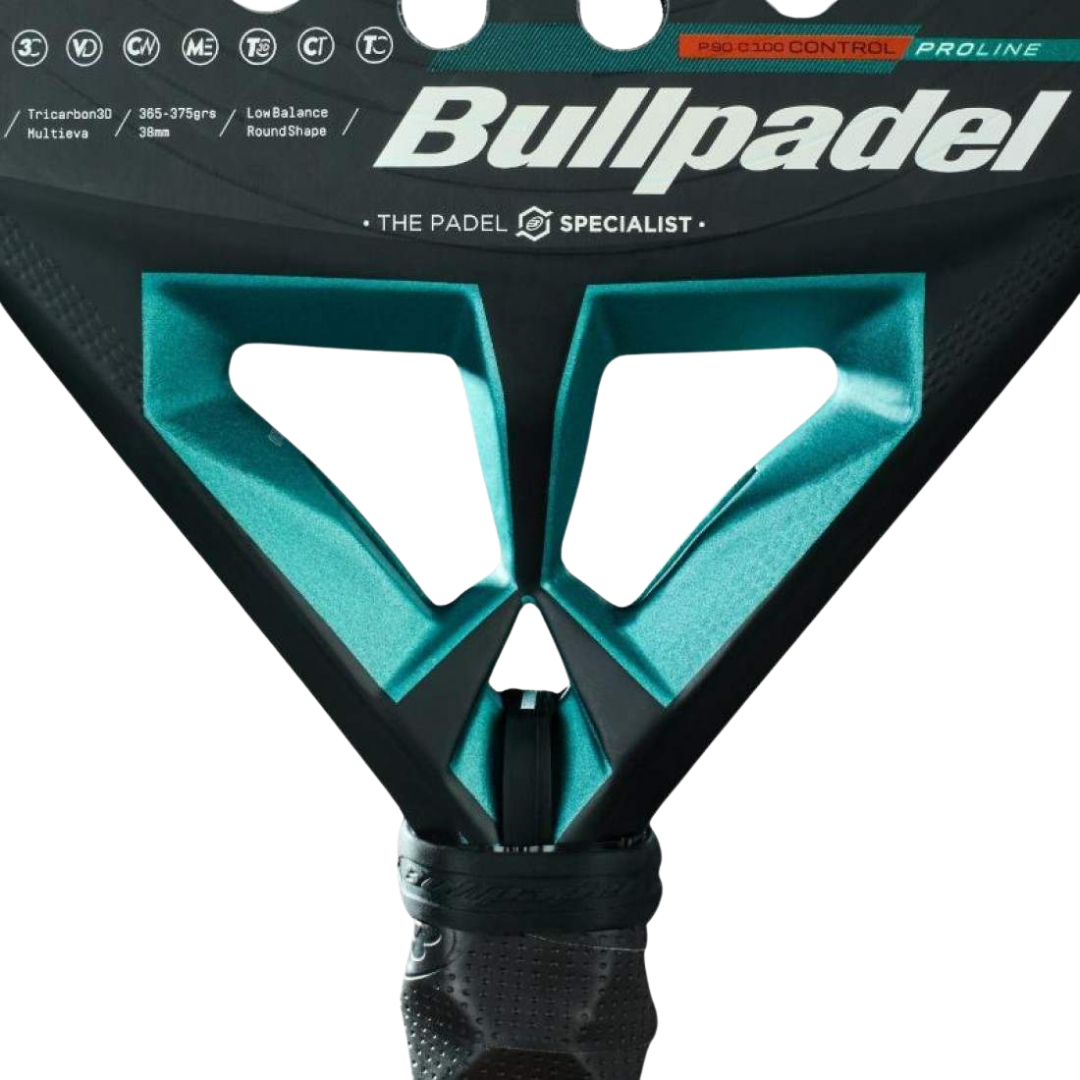 Close-up of a Bullpadel paddle with branding and product details.