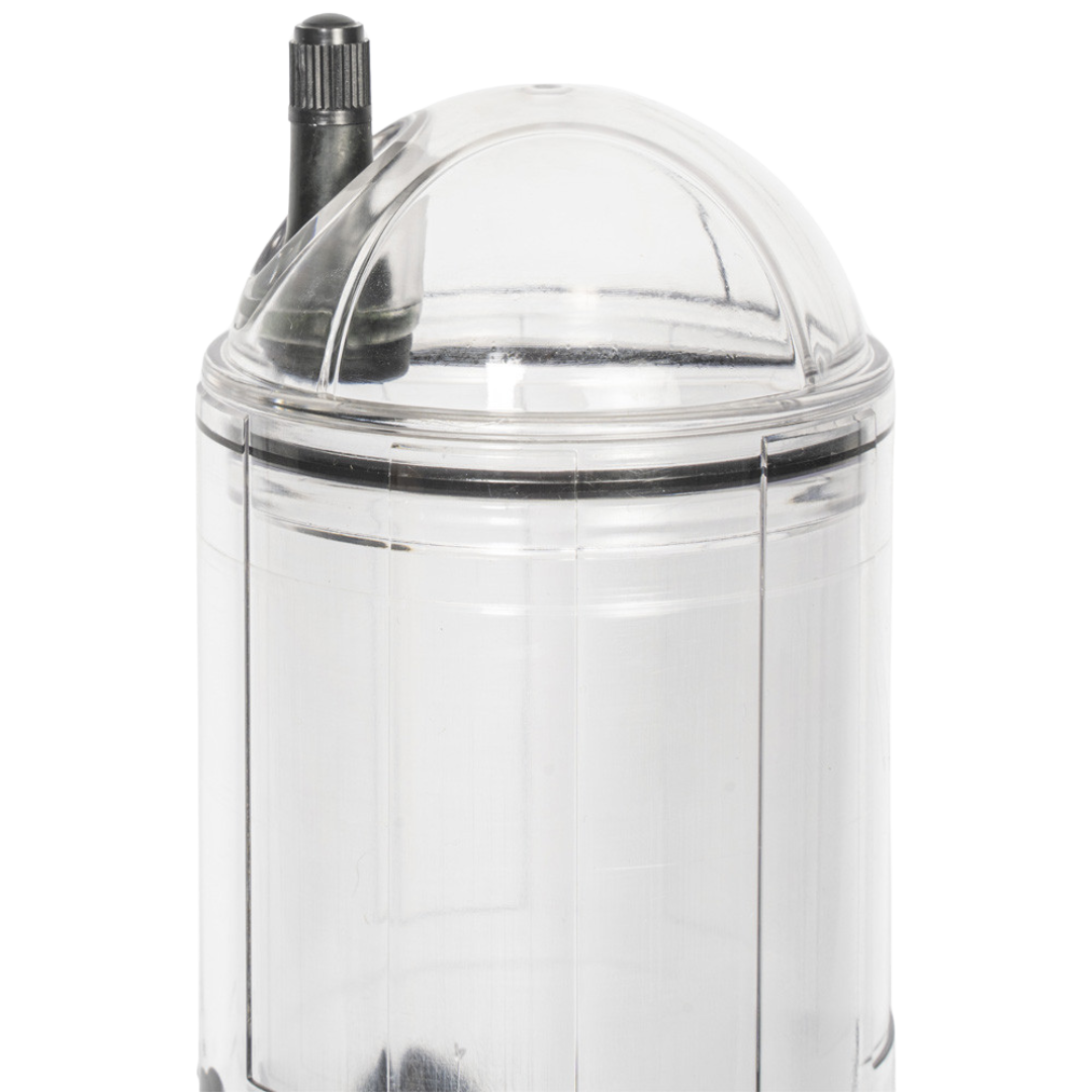 Clear plastic container with a dome lid and black valve on a white background