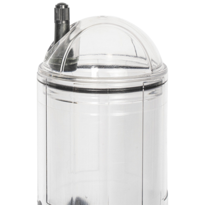 Clear plastic container with a dome lid and black valve on a white background