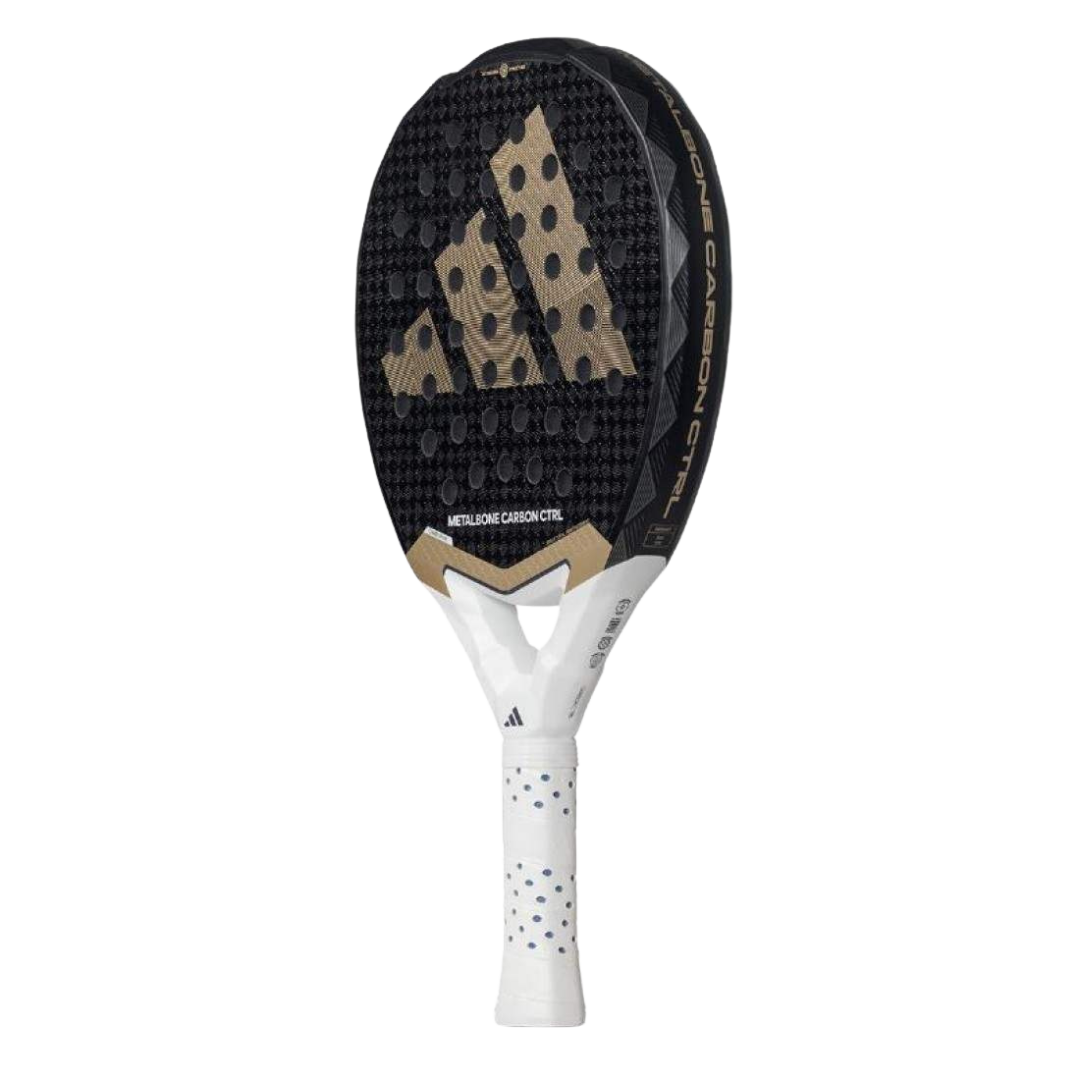 Adidas tennis racket with black and gold design on a white background