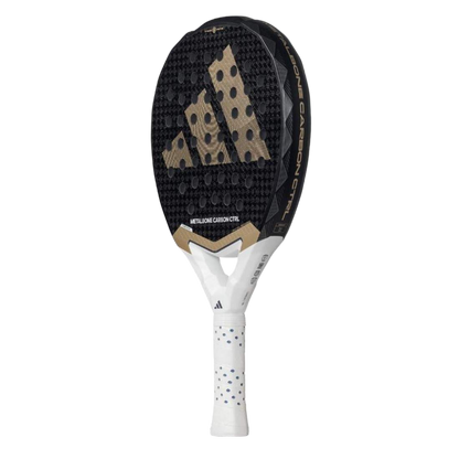 Adidas tennis racket with black and gold design on a white background