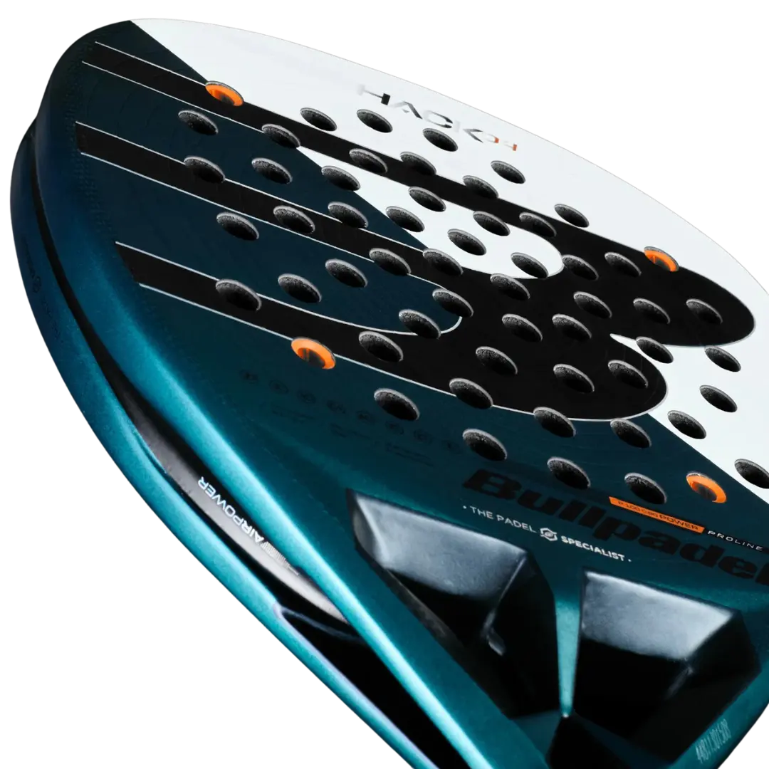 Close-up of a blue and black Bullpadel paddle on a white background