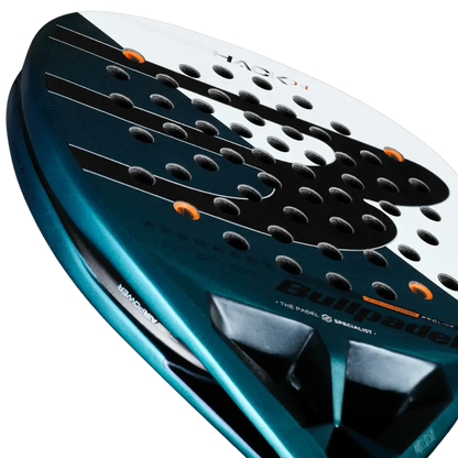 Close-up of a blue and black Bullpadel paddle on a white background