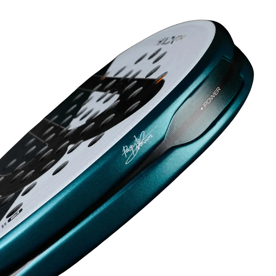 Close-up of a teal and silver electronic device with branding on a white background