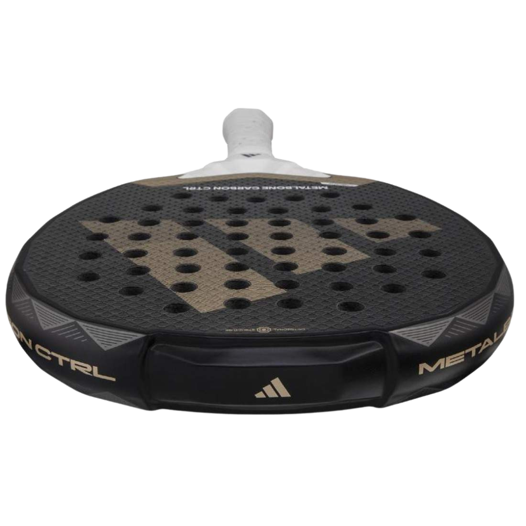 Black and gold tennis racket head with visible branding on a white background