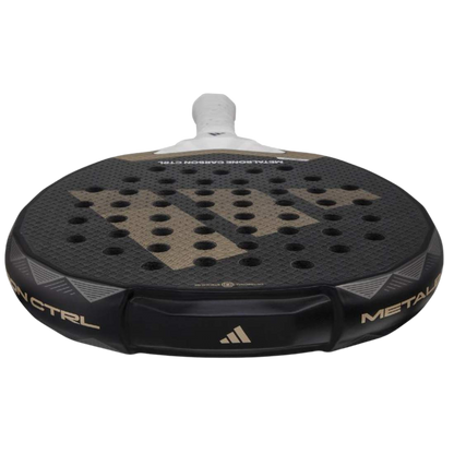 Black and gold tennis racket head with visible branding on a white background
