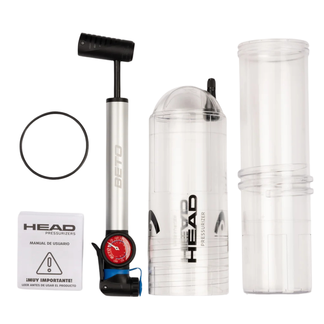 Pump and two clear pressure cylinders with 'HEAD' branding on a white background