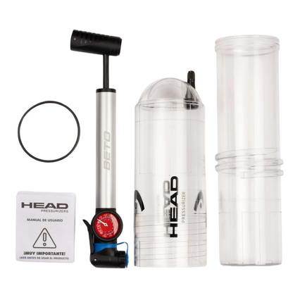 Pump and two clear pressure cylinders with 'HEAD' branding on a white background