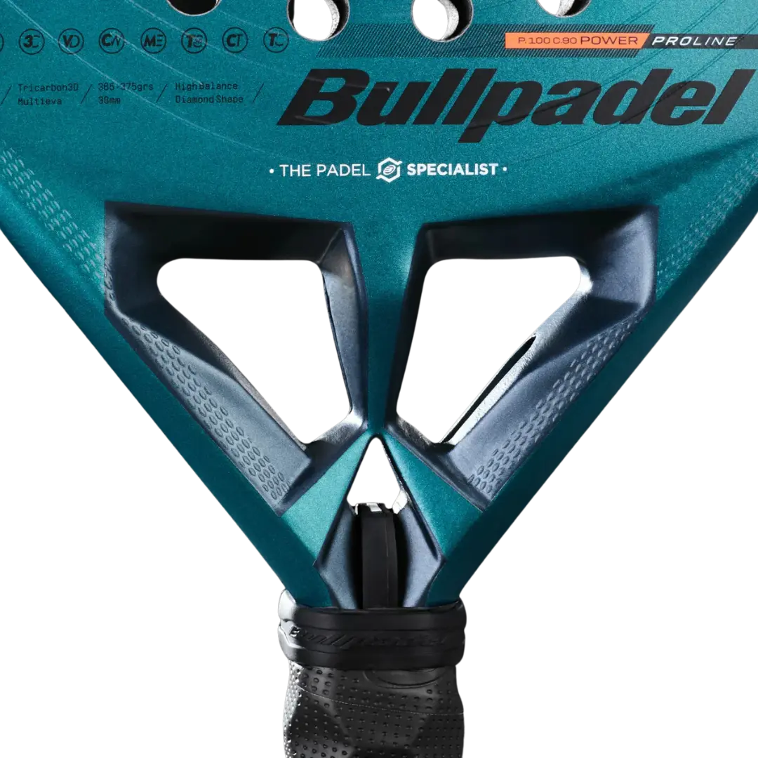 Close-up of a Bullpadel paddle with branding on a white background