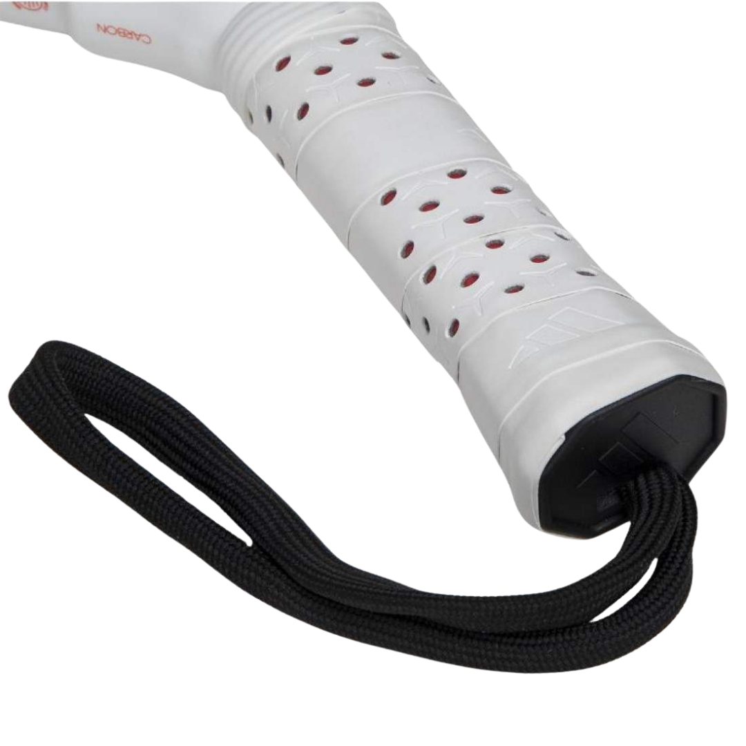 White tennis racket handle with red dots and a black string, on a white background