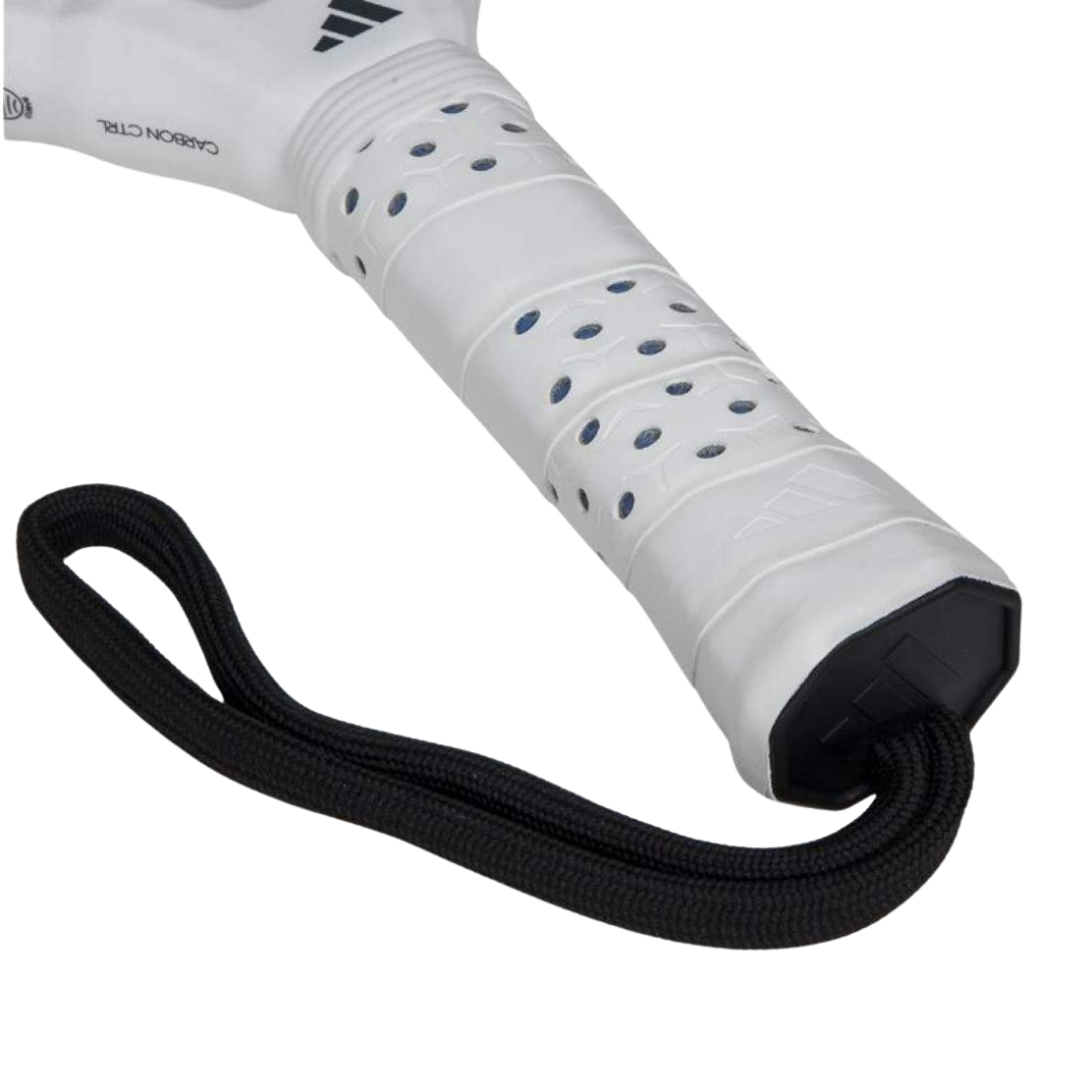 Close-up of a white tennis racket handle with blue grip tape and a black string, on a white background.