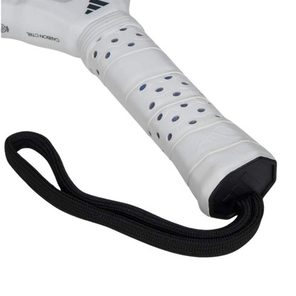 Close-up of a white tennis racket handle with blue grip tape and a black string, on a white background.