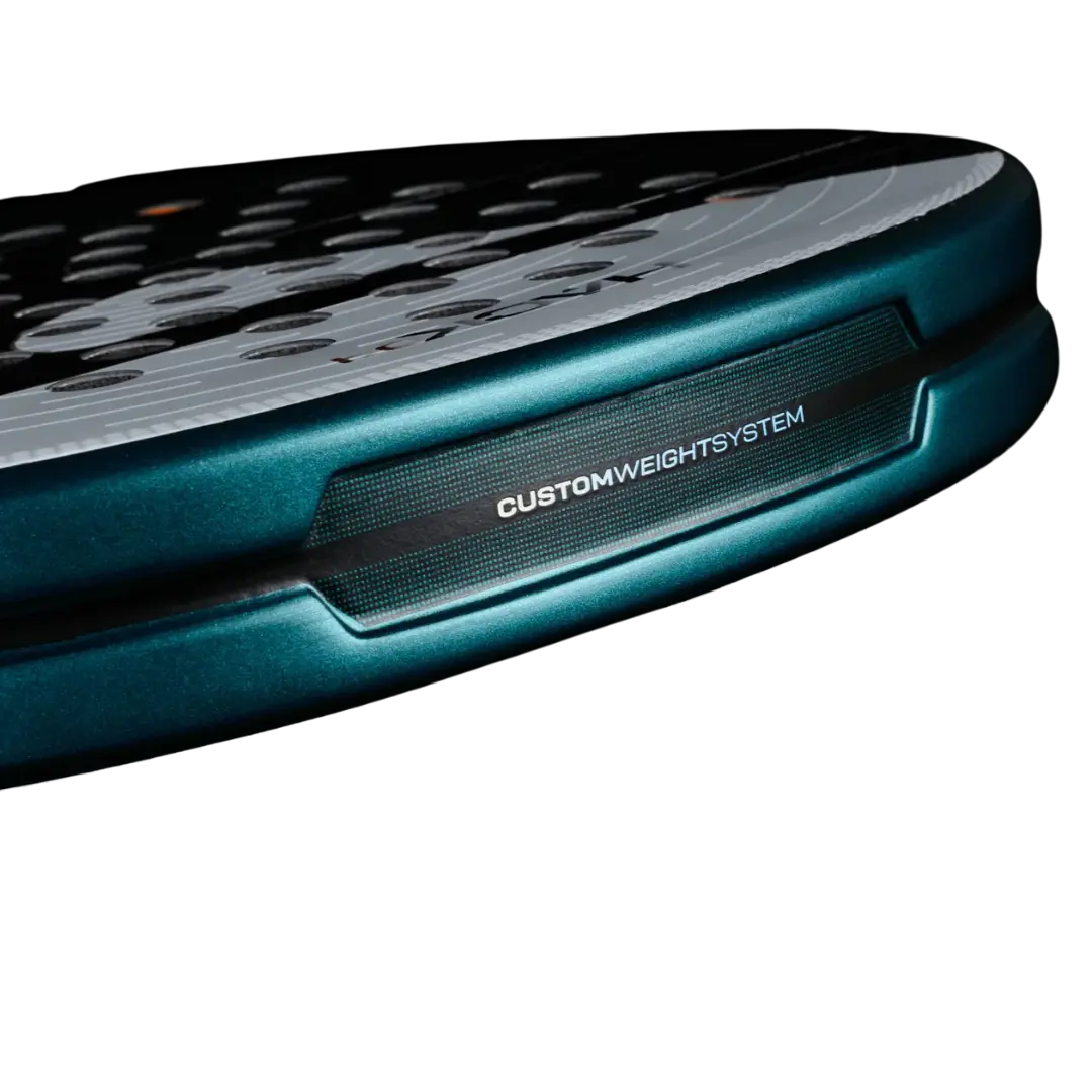 Close-up of a paddle with 'Custom Weight System' text on a white background
