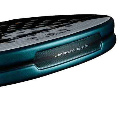 Close-up of a paddle with 'Custom Weight System' text on a white background