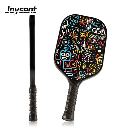 Pickleball paddle with colorful graphics on a white background, featuring the brand 'Joysent'.