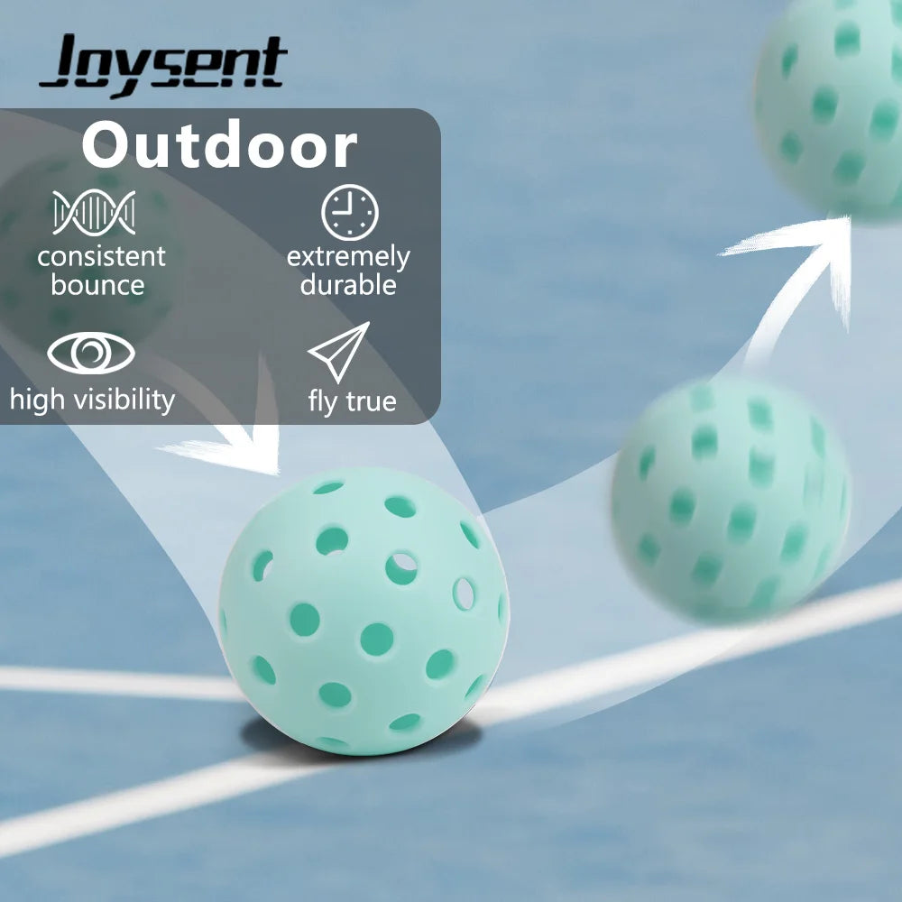 Green pickleball on a court with Joysent branding and product features listed.