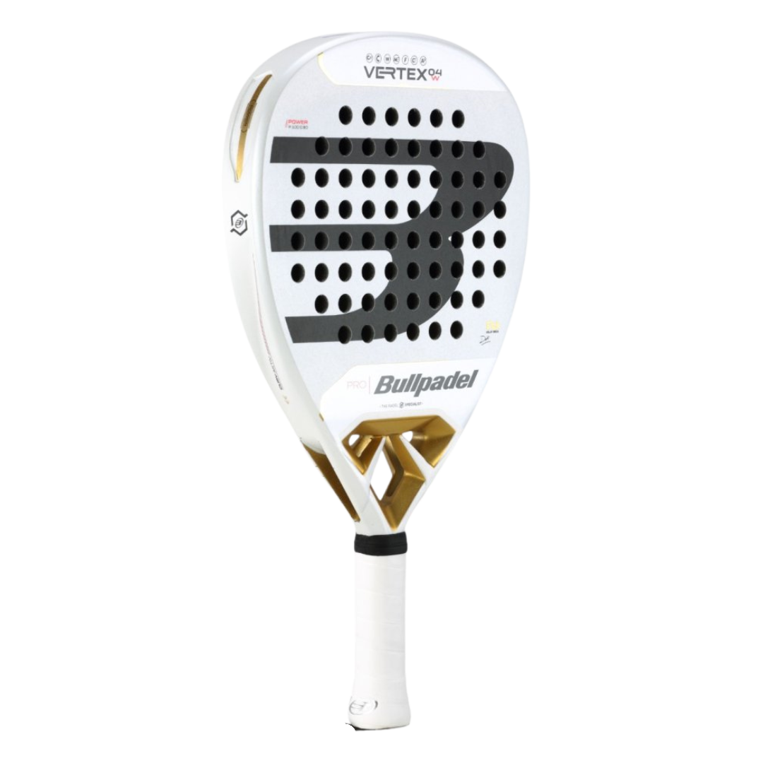 White and gold Bullpadel paddle racket on a white background