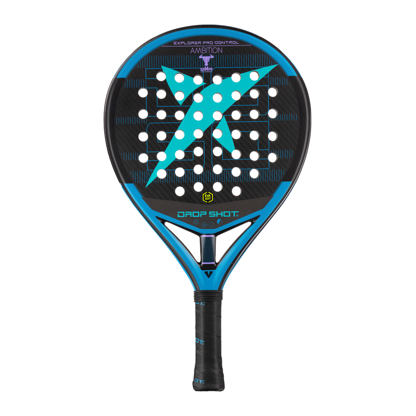 Padel racket with black and blue design on a white background